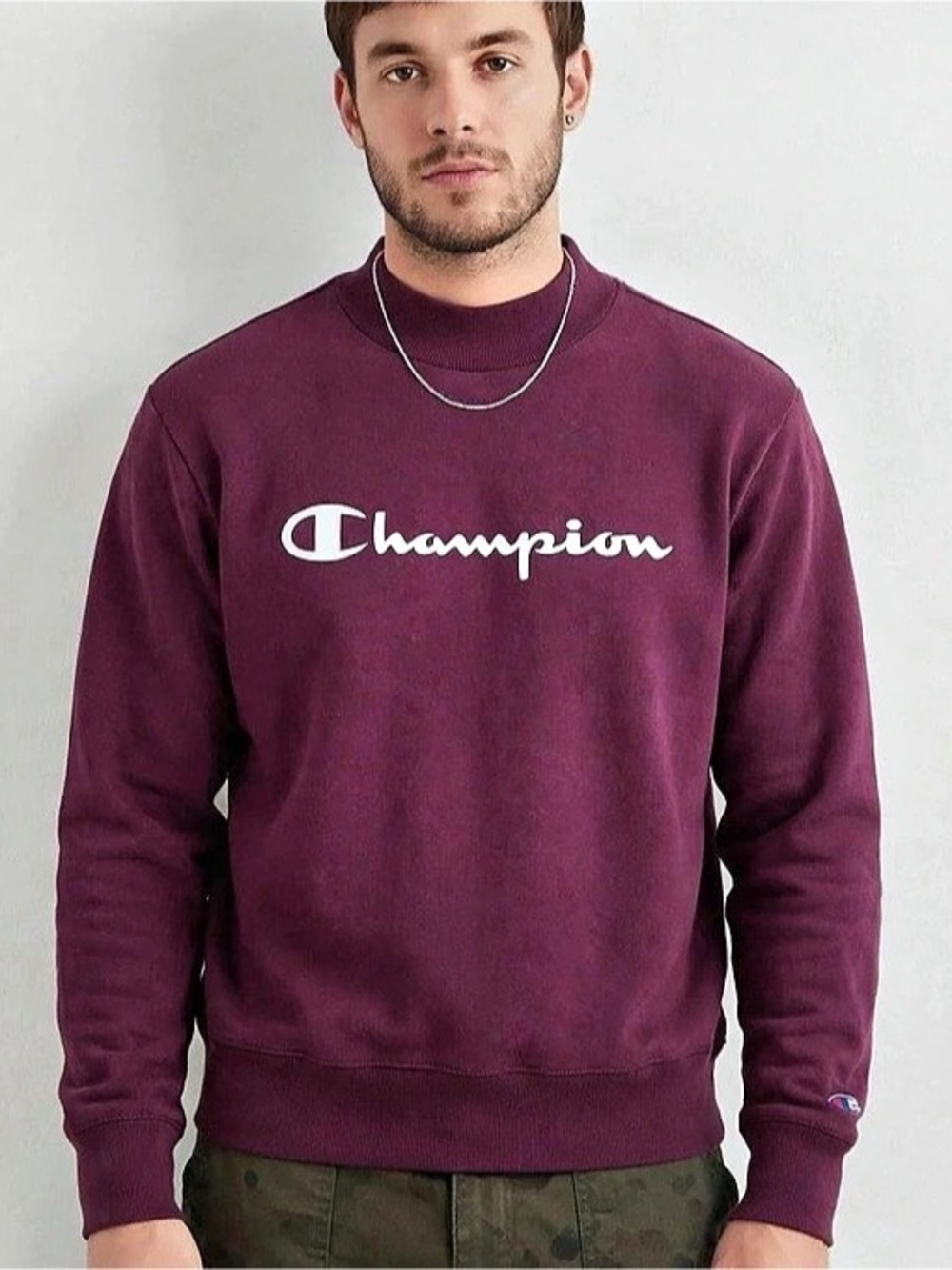 Champion Burgundy Mock Neck Sweatshirt Size L Plum Script Logo Excellent Conditi